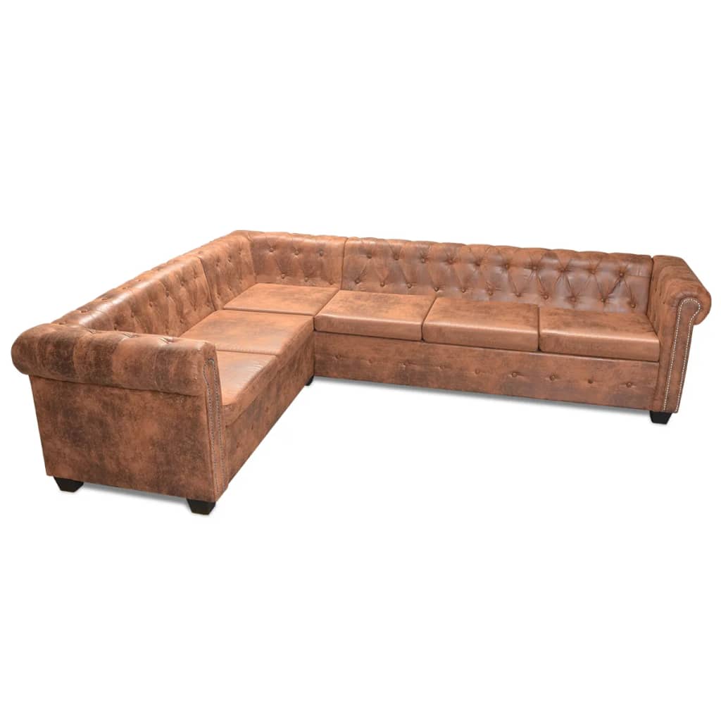 Chesterfield hoekbank 6-zits kunstleer bruin