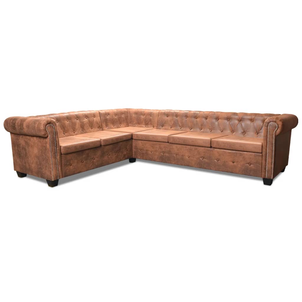 Chesterfield hoekbank 6-zits kunstleer bruin