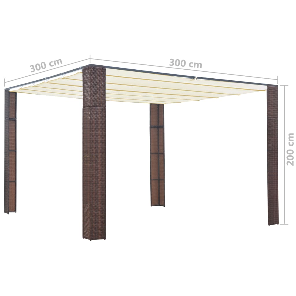 Prieel met dak 300x300x200 cm poly rattan bruin en crème