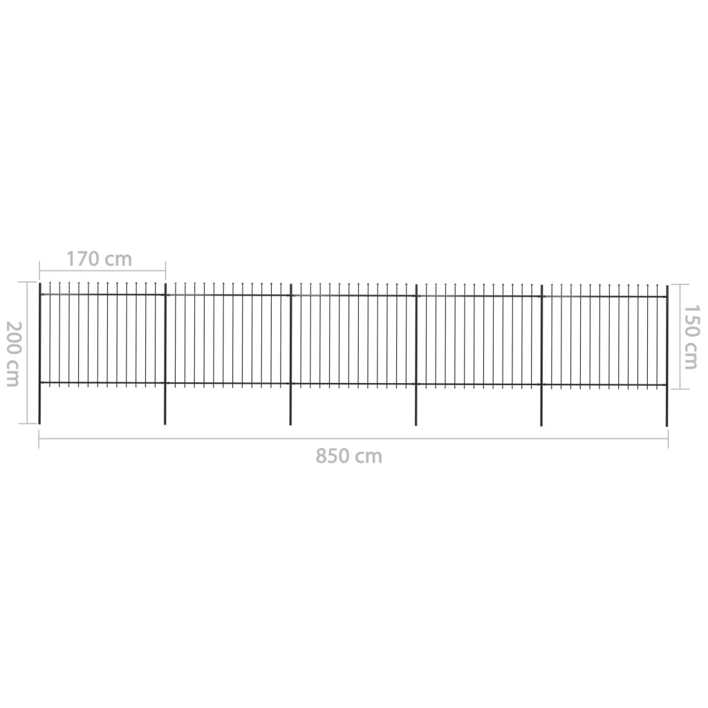 Tuinhek met speren bovenkant 8,5x1,5 m staal zwart