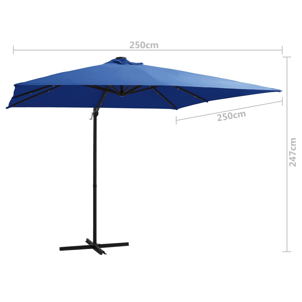 Zweefparasol met LED en stalen paal 250x250 cm azuurblauw