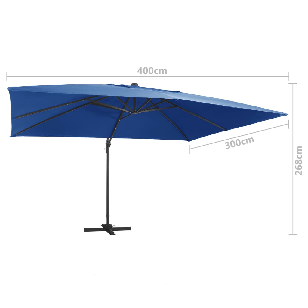 Zweefparasol met LED en aluminium paal 400x300 cm azuurblauw