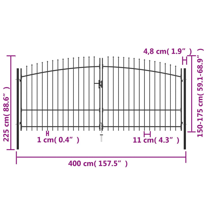 Hekpoort dubbele deur met speren bovenkant 400x225 cm