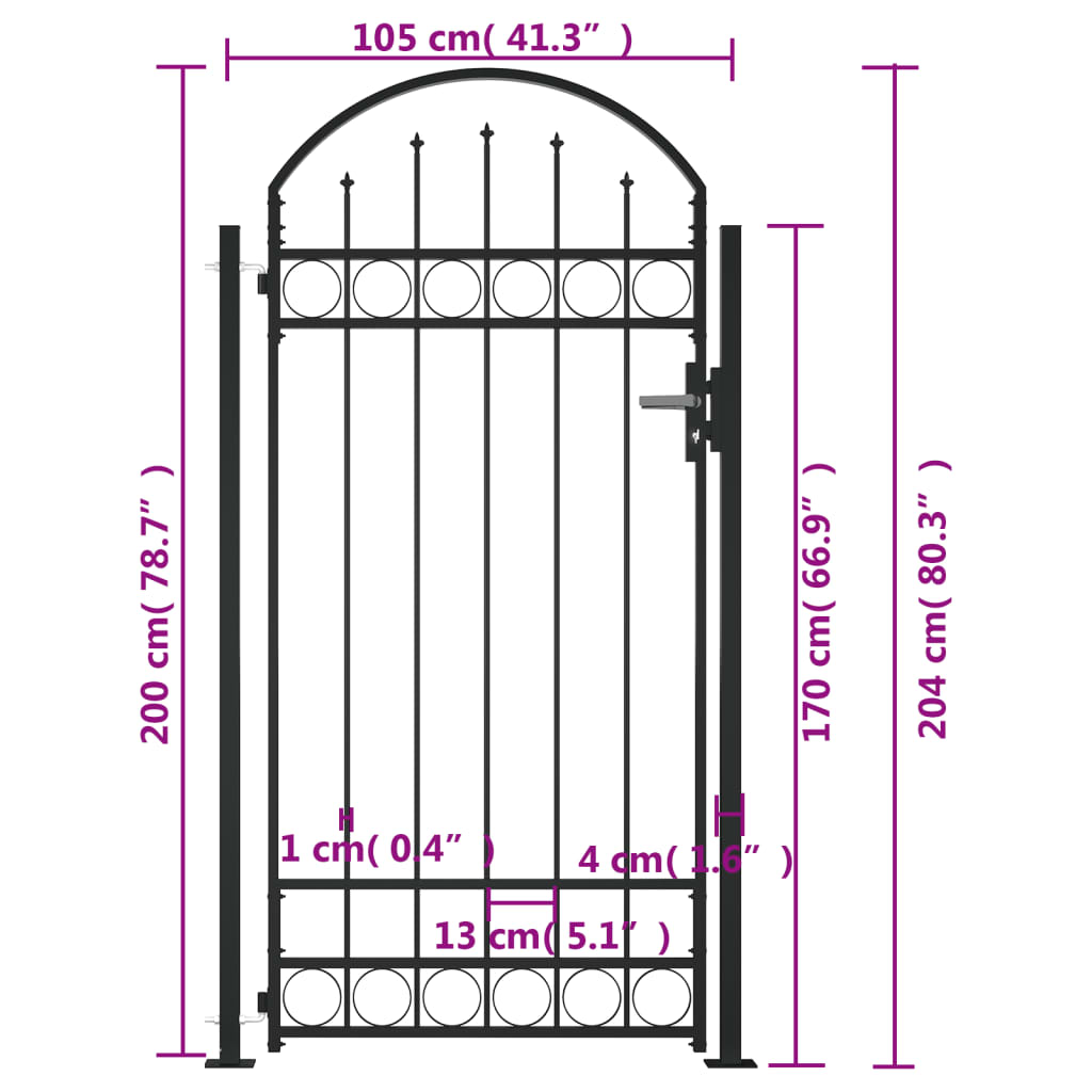 Poort met gebogen bovenkant en 2 palen 105x204 cm zwart