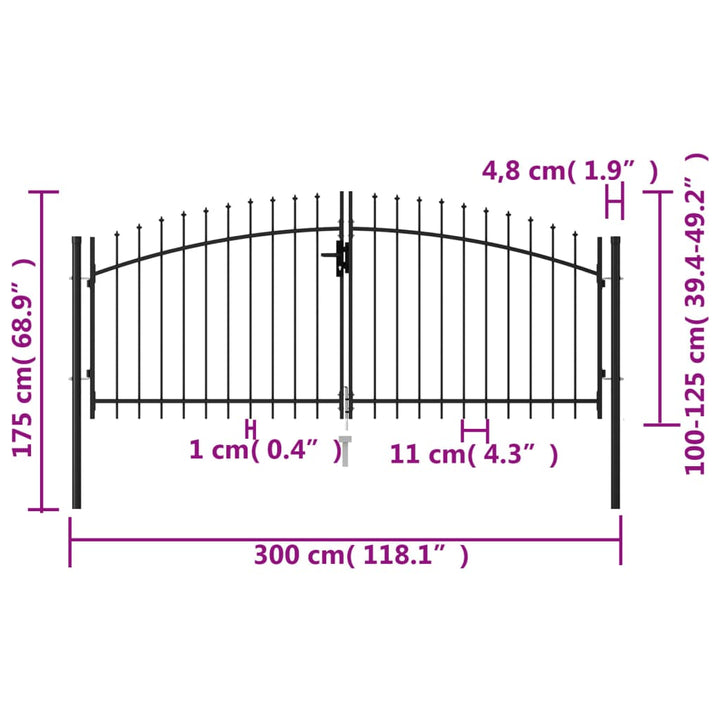 Poort met puntige bovenkant dubbel 3x1,25 m staal zwart