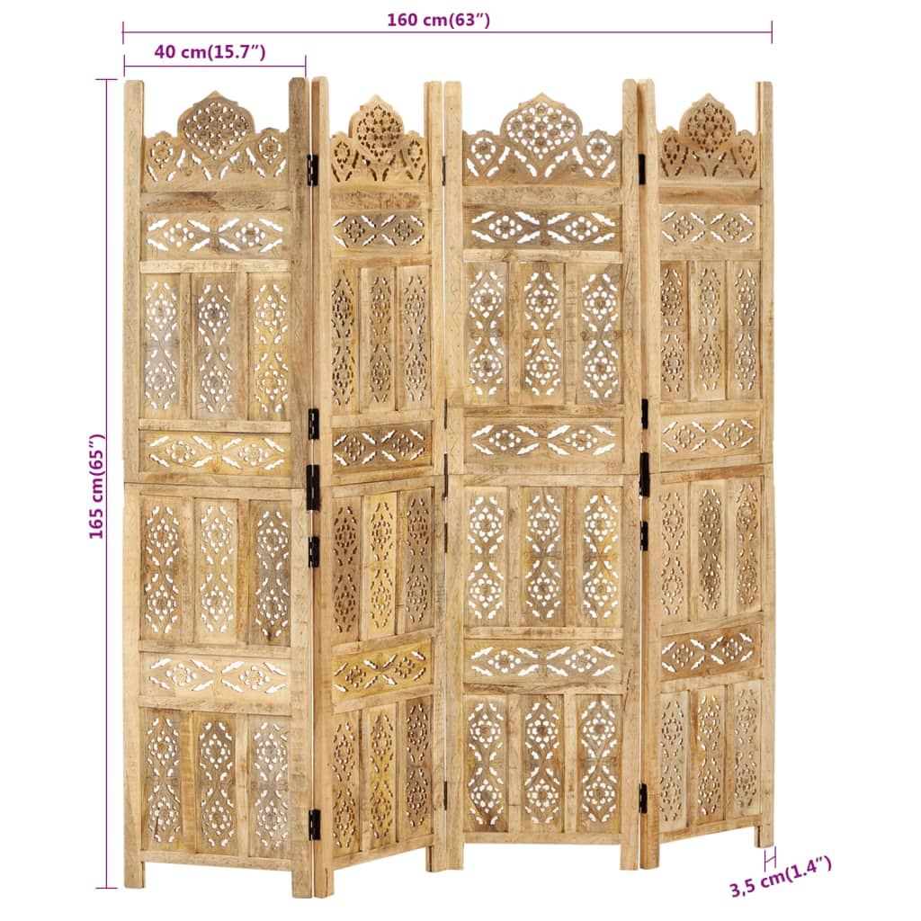 Kamerscherm 4 panelen handgesneden 160x165 cm massief mangohout