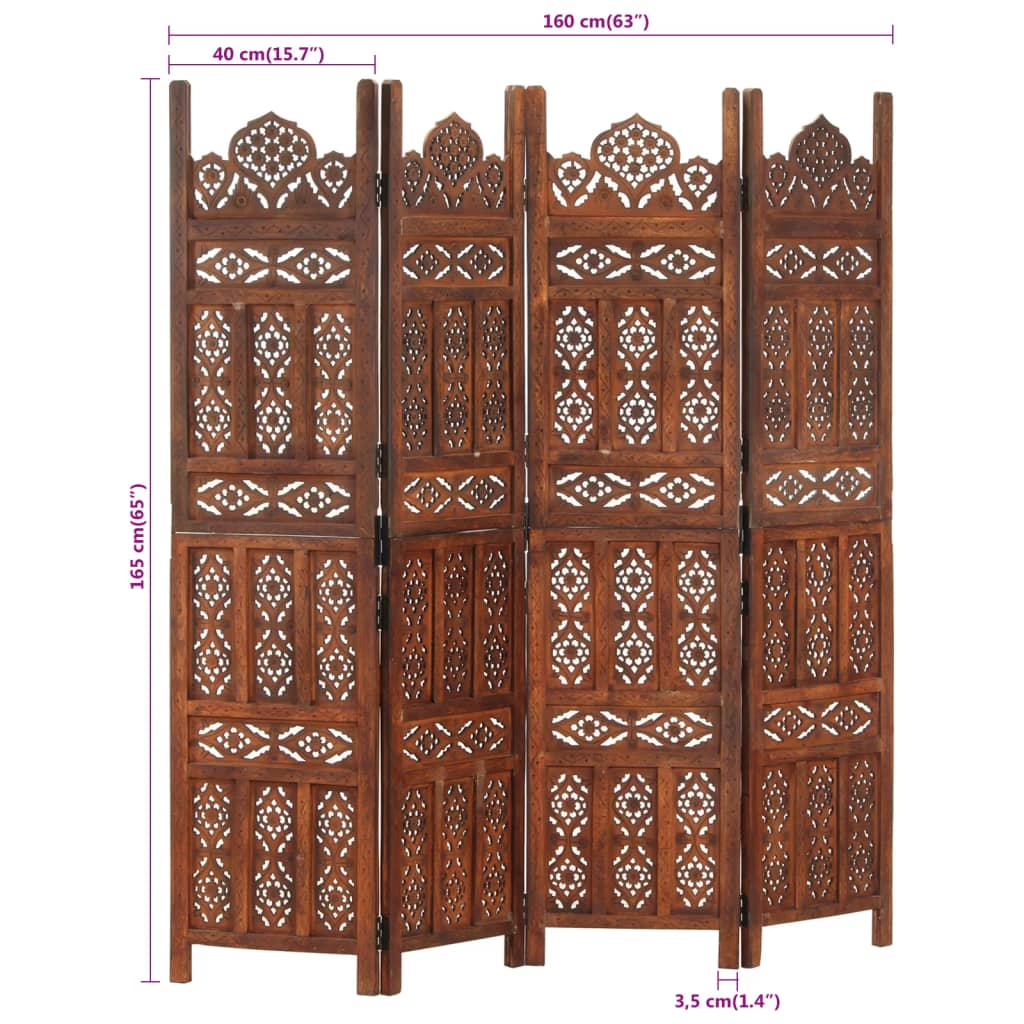 Kamerscherm 4 panelen handgesneden 160x165 cm mangohout bruin