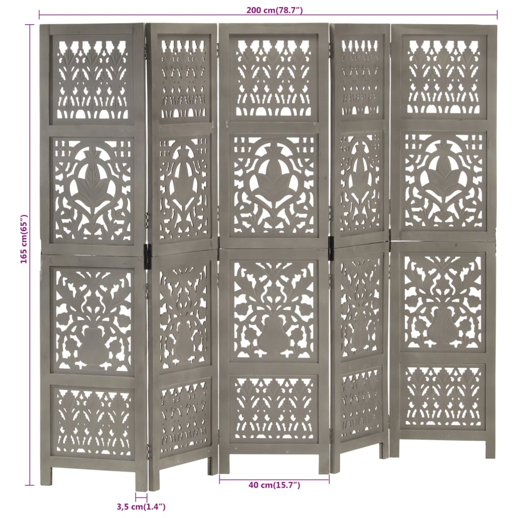 Kamerscherm 5 panelen handgesneden 200x165 cm mangohout grijs