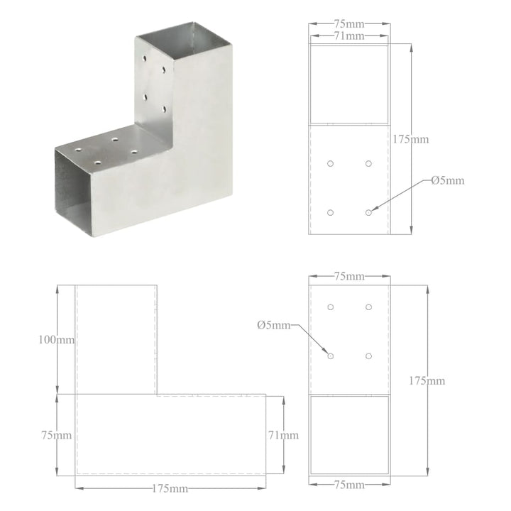 Paalverbindingen 4 st L-vorm 71x71 mm gegalvaniseerd metaal