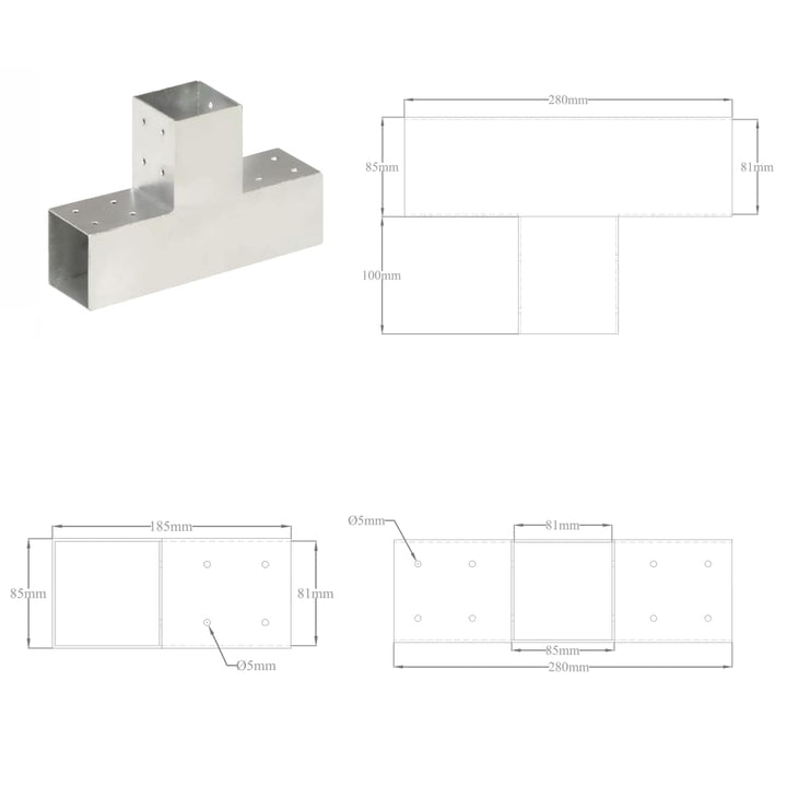 Paalverbindingen 4 st T-vorm 81x81 mm gegalvaniseerd metaal