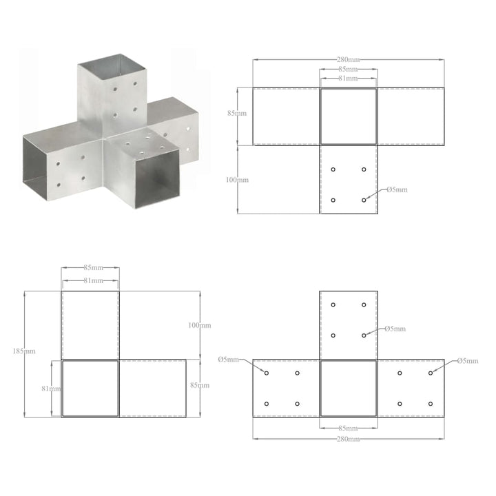 Paalverbindingen 4 st X-vorm 81x81 mm gegalvaniseerd metaal