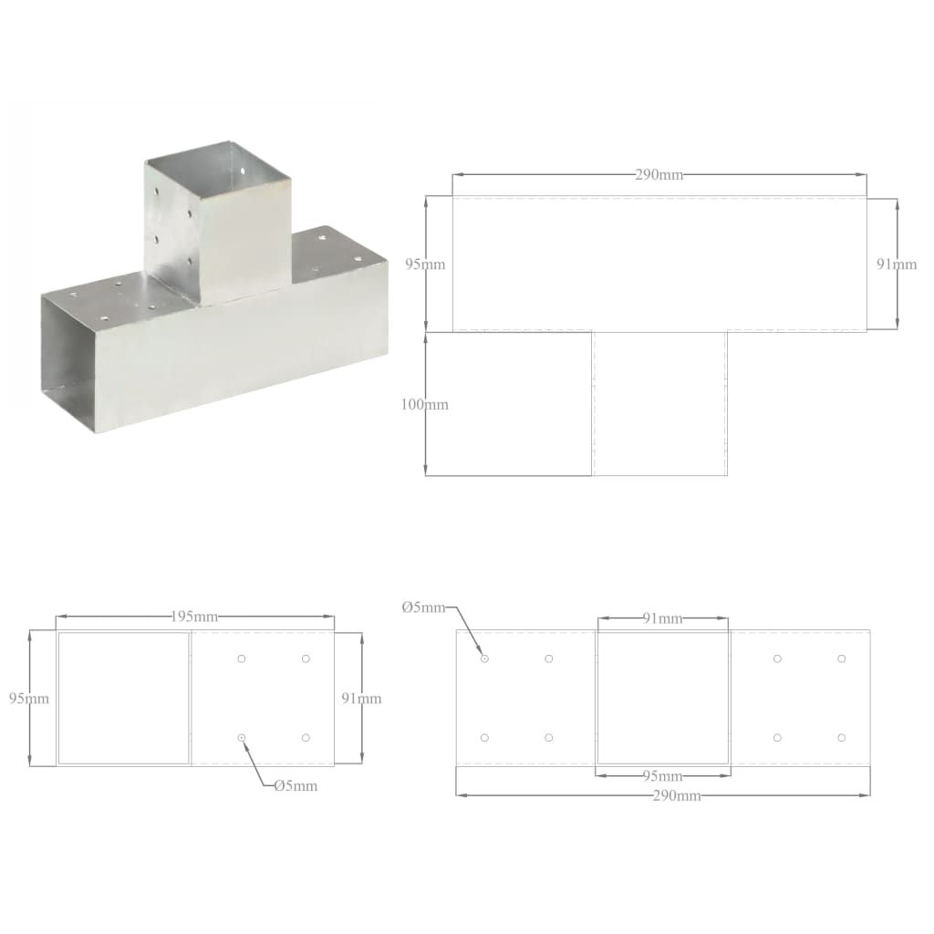 Paalverbindingen 4 st T-vorm 91x91 mm gegalvaniseerd metaal