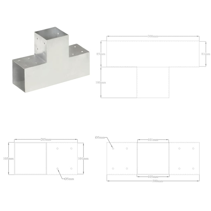 Paalverbindingen 4 st T-vorm 101x101 mm gegalvaniseerd metaal