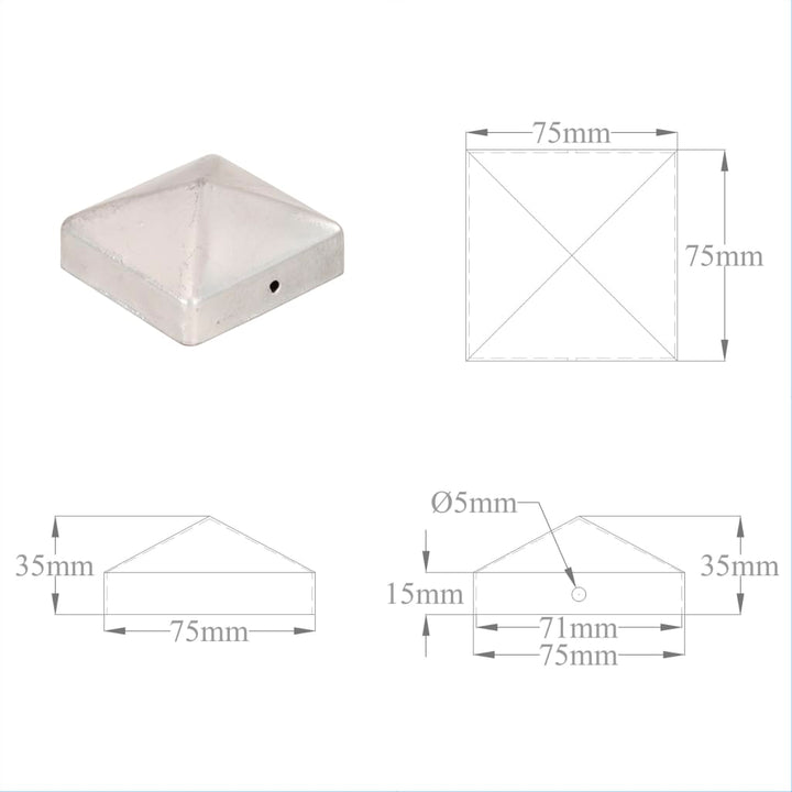 Paalkappen 6 st piramide 71x71 mm gegalvaniseerd metaal