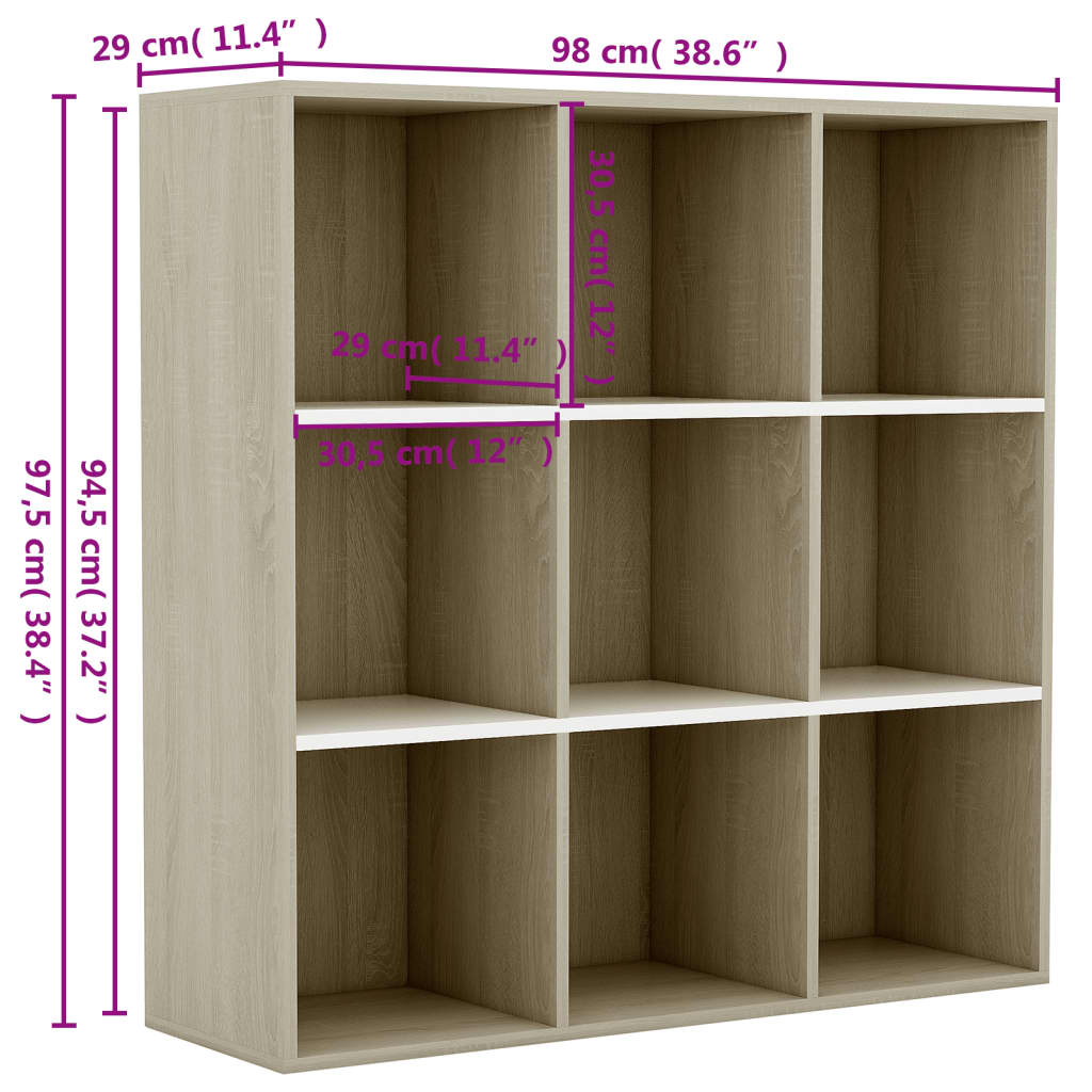 Boekenkast 98x29x97,5cm bewerkt hout wit en sonoma eikenkleurig