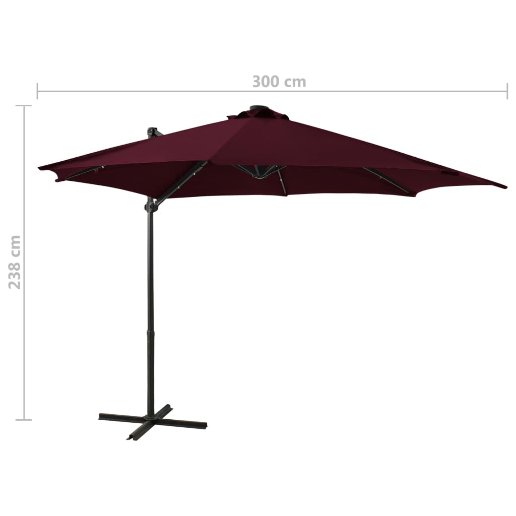 Zweefparasol met paal en LED-verlichting 300 cm bordeauxrood