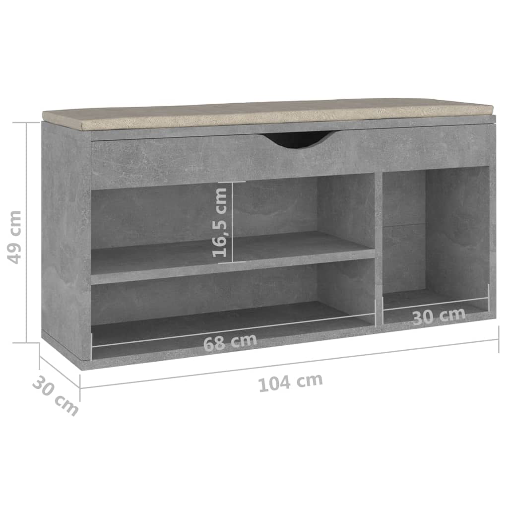 Schoenenbank met kussen 104x30x49 cm bewerkt hout betongrijs