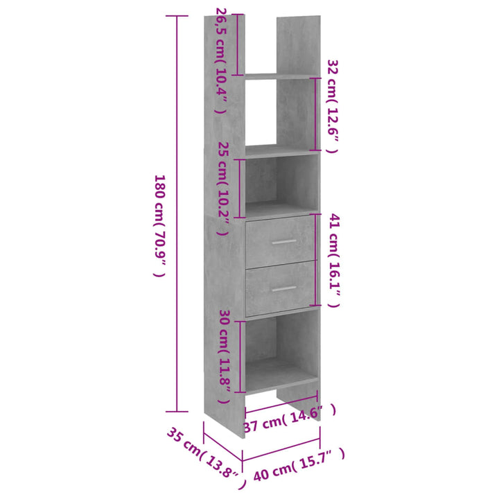 Boekenkast 40x35x180 cm bewerkt hout betongrijs