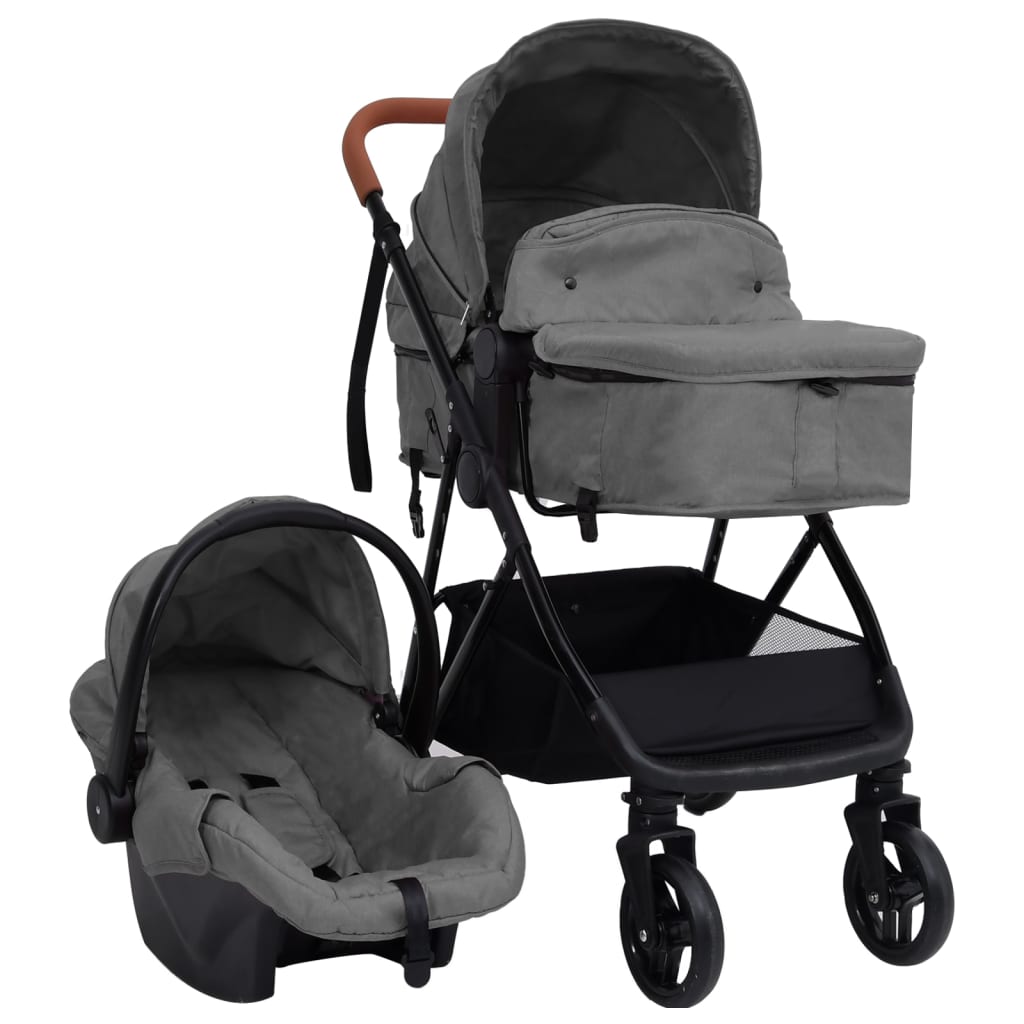 Kinderwagen 3-in-1 staal lichtgrijs en zwart