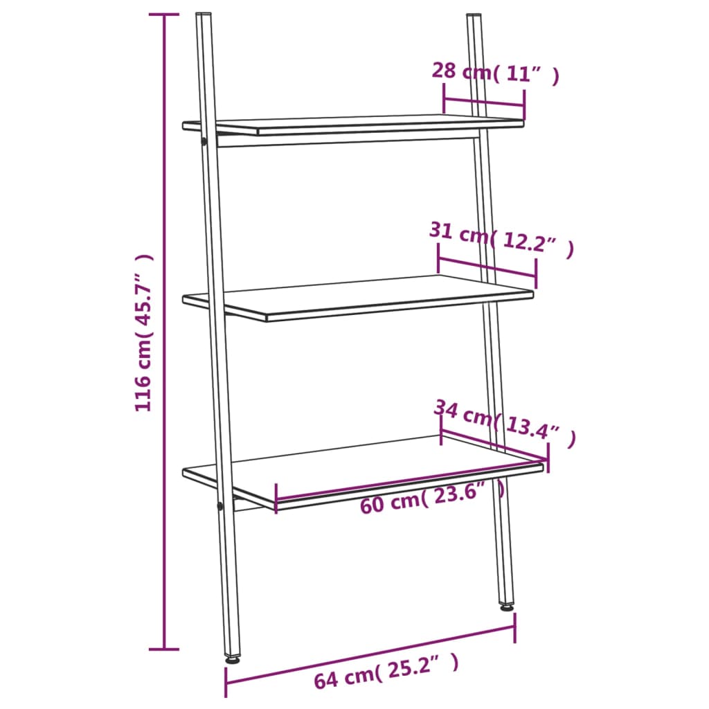 Ladderrek met 3 planken 64x34x116 cm zwart