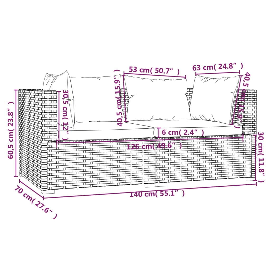 Bank 2-zits met kussens poly rattan bruin