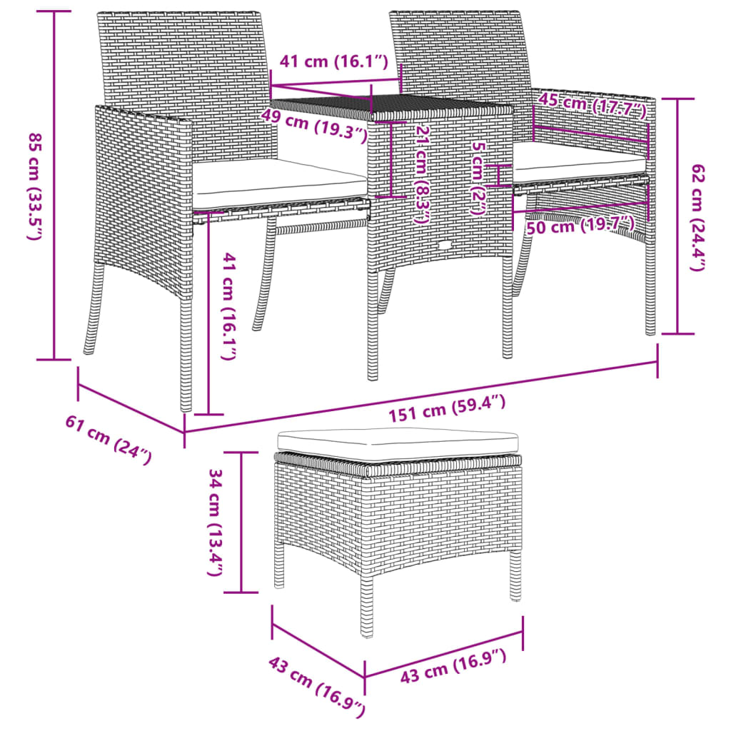 Tuinbank 2-zits met tafel en voetenbanken poly rattan bruin