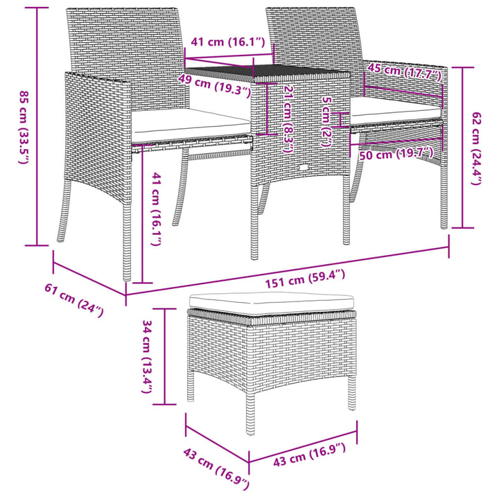 Tuinbank 2-zits met tafel en voetenbanken poly rattan zwart