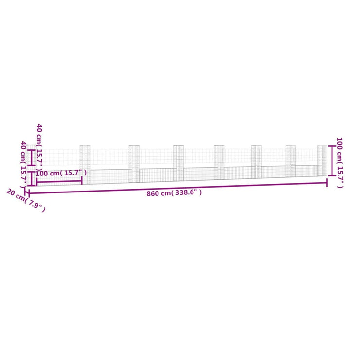 Schanskorf U-vormig met 8 palen 860x20x100 cm ijzer