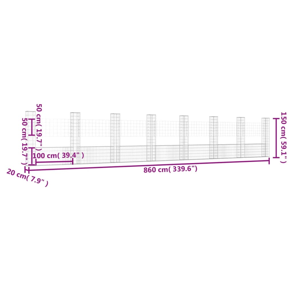 Schanskorf U-vormig met 8 palen 860x20x150 cm ijzer