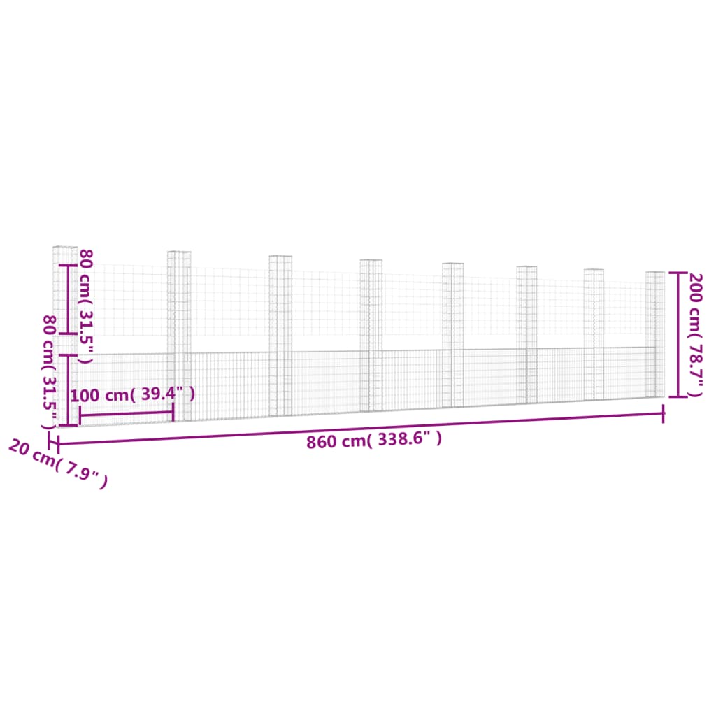 Schanskorf U-vormig met 8 palen 860x20x200 cm ijzer