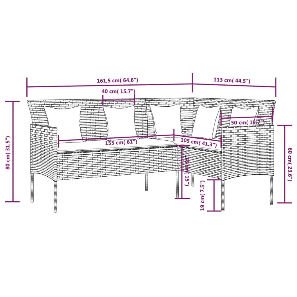 Loungebank met kussens L-vormig poly rattan bruin