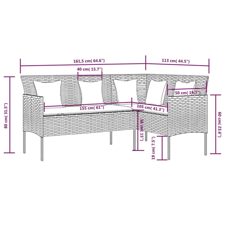 Loungebank met kussens L-vormig poly rattan zwart