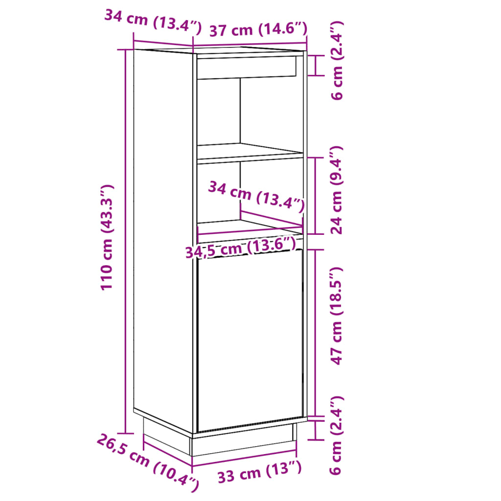 Hoge kast 37x34x110 cm massief grenenhout