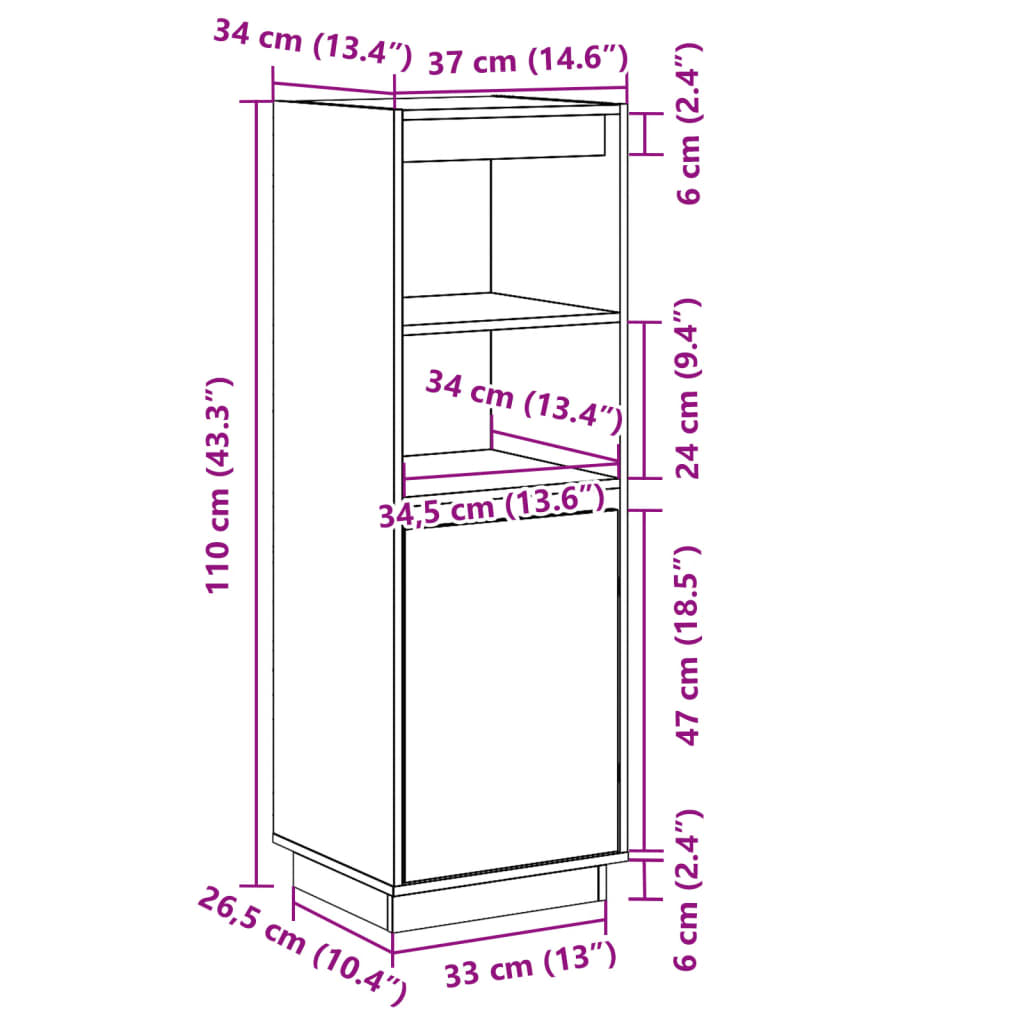 Hoge kast 37x34x110 cm massief grenenhout wit