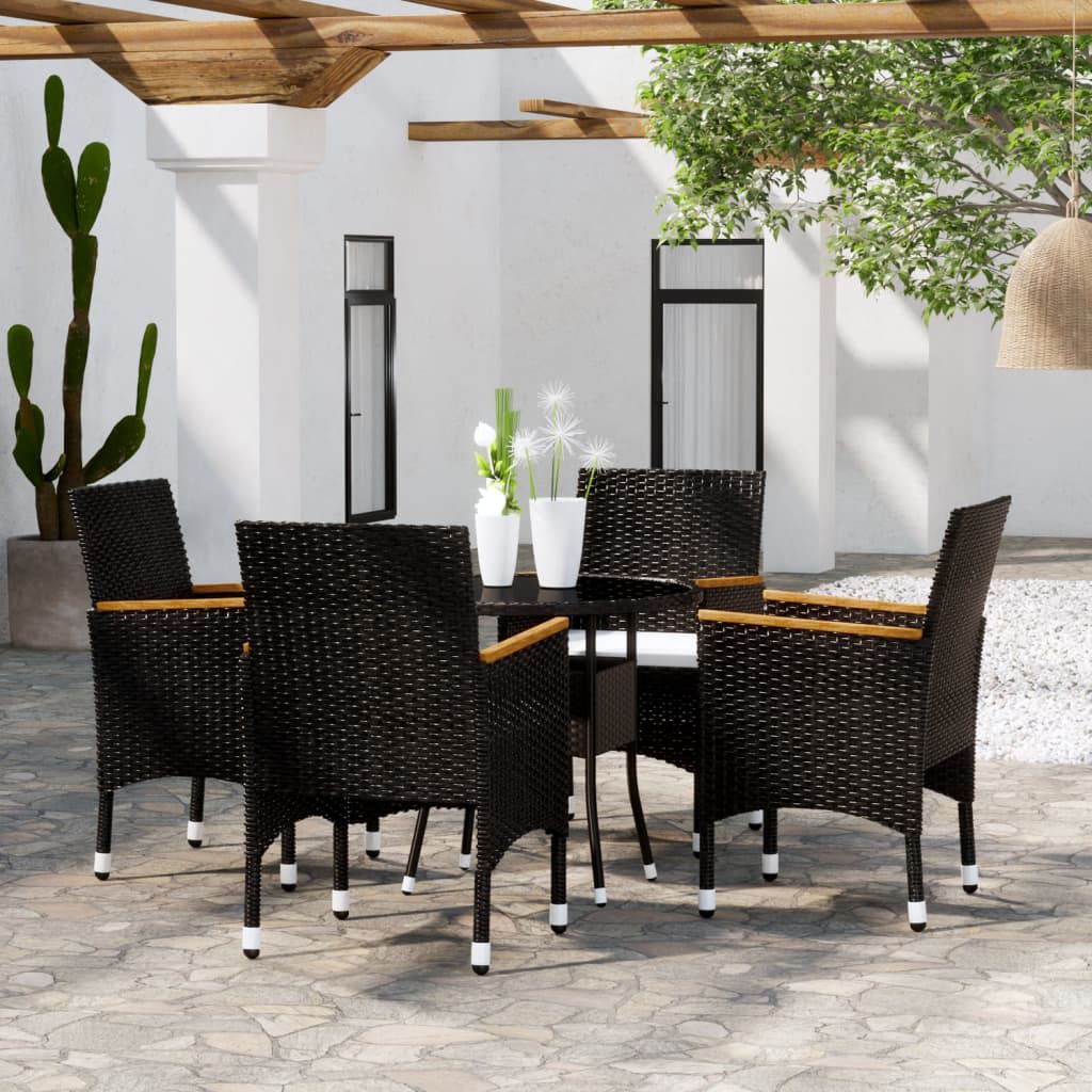 5-delige Bistroset poly rattan en gehard glas zwart