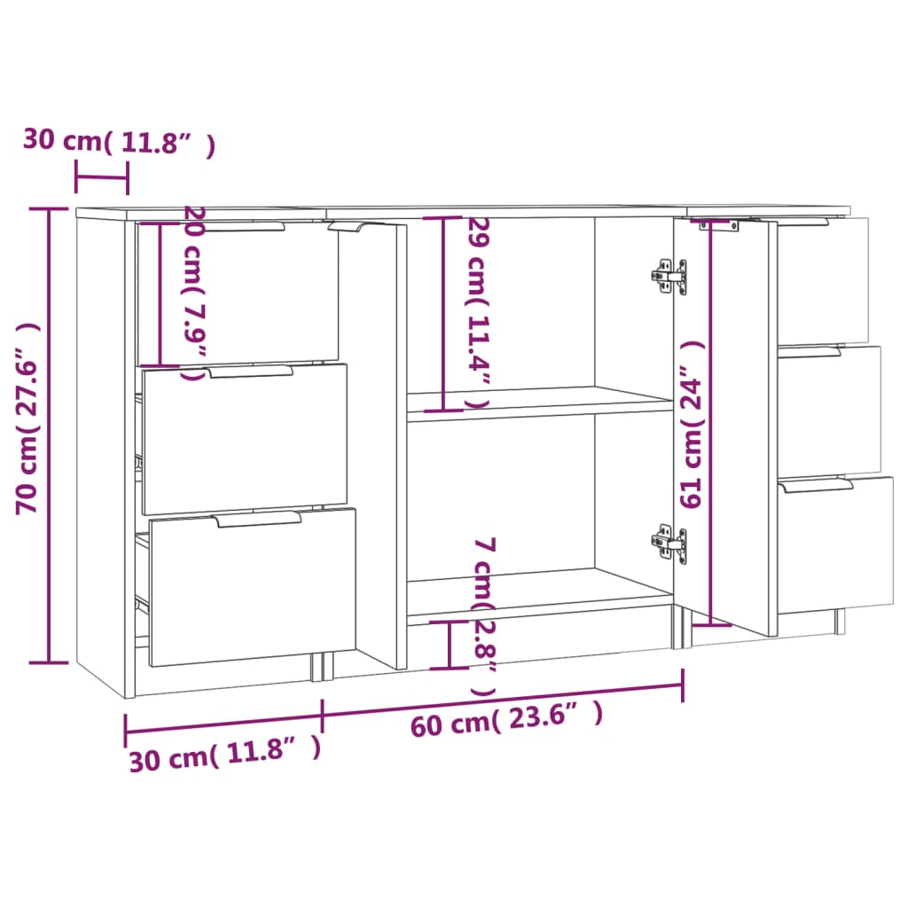 Dressoirs 3 st bewerkt hout wit