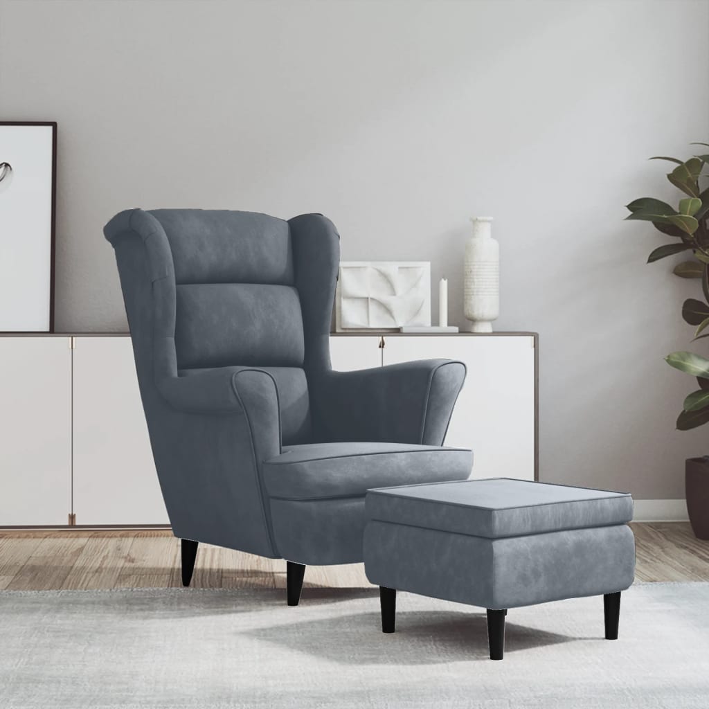 Fauteuil met voetenbank fluweel donkergrijs