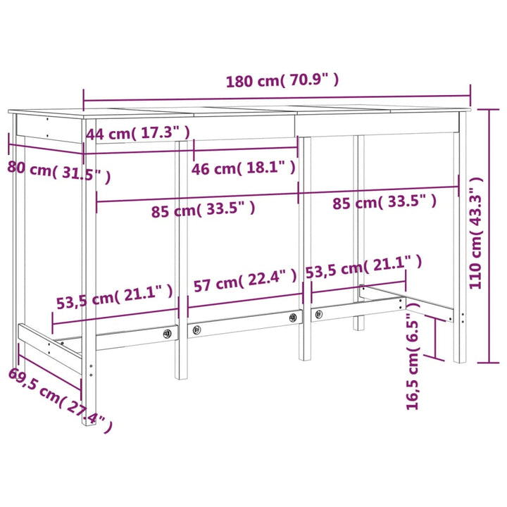 Bartafel 180x80x110 cm massief grenenhout