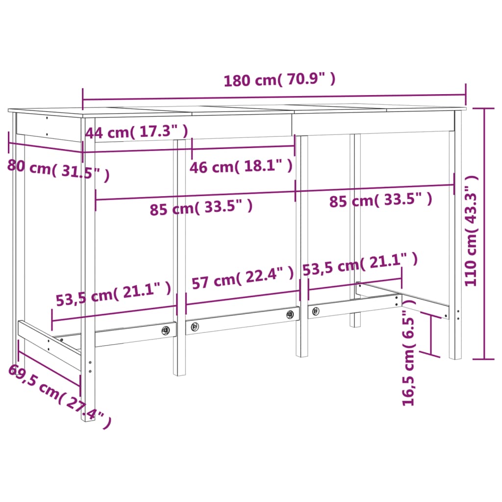 Bartafel 180x80x110 cm massief grenenhout wit