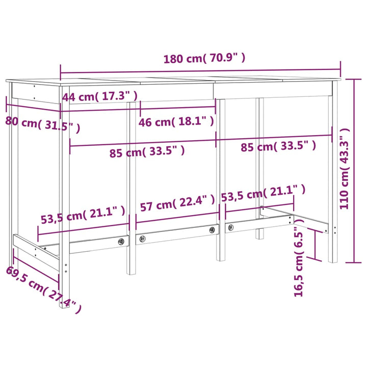 Bartafel 180x80x110 cm massief grenenhout wit