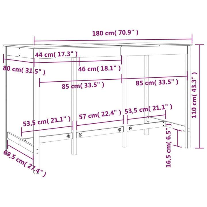 Bartafel 180x80x110 cm massief grenenhout zwart