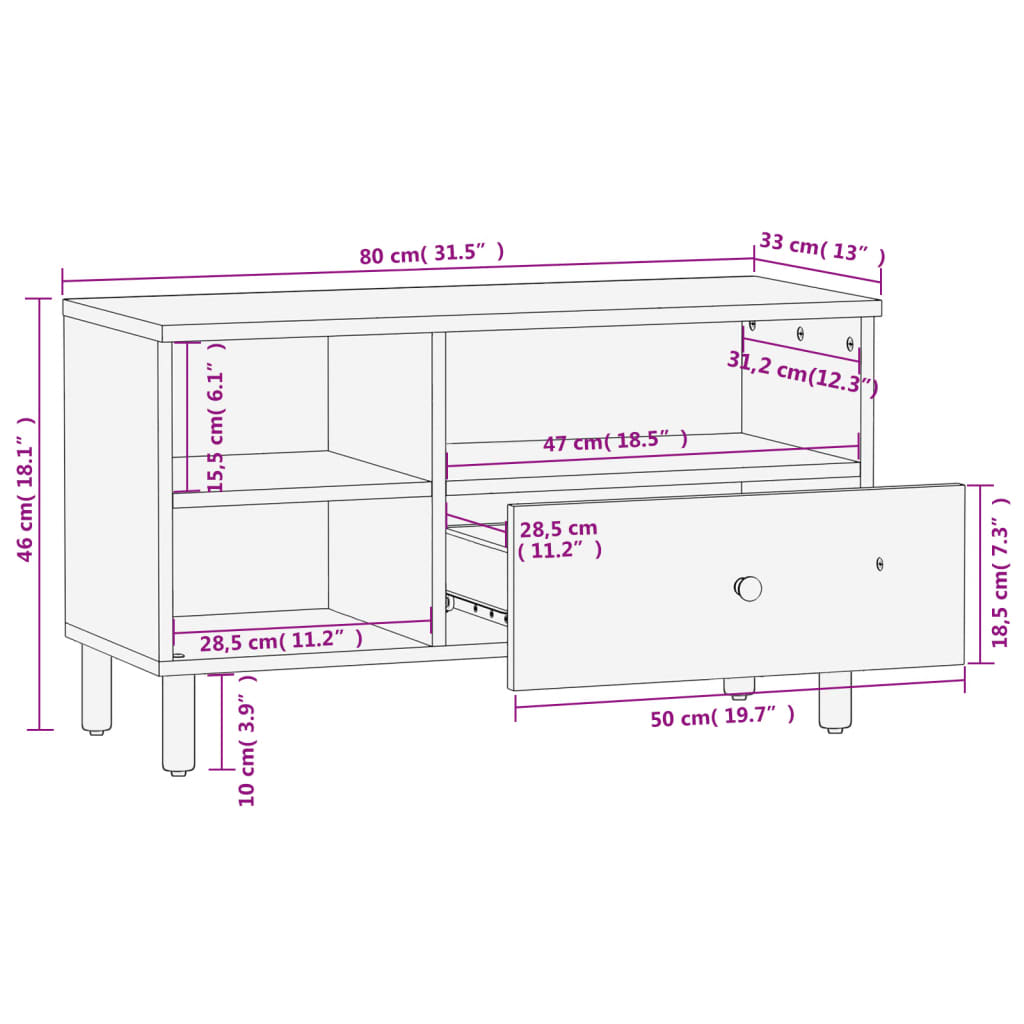 Tv-meubel 80x33x46 cm massief mangohout zwart