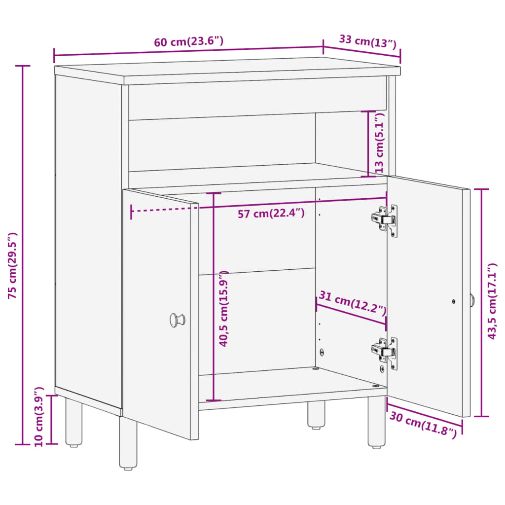 Bijzetkast 60x33x75 cm massief acaciahout