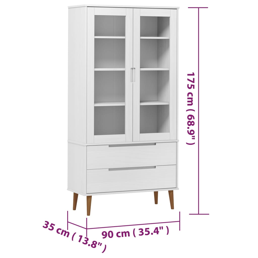 Vitrinekast MOLDE 90x35x175 cm massief grenenhout wit