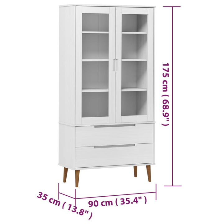 Vitrinekast MOLDE 90x35x175 cm massief grenenhout wit