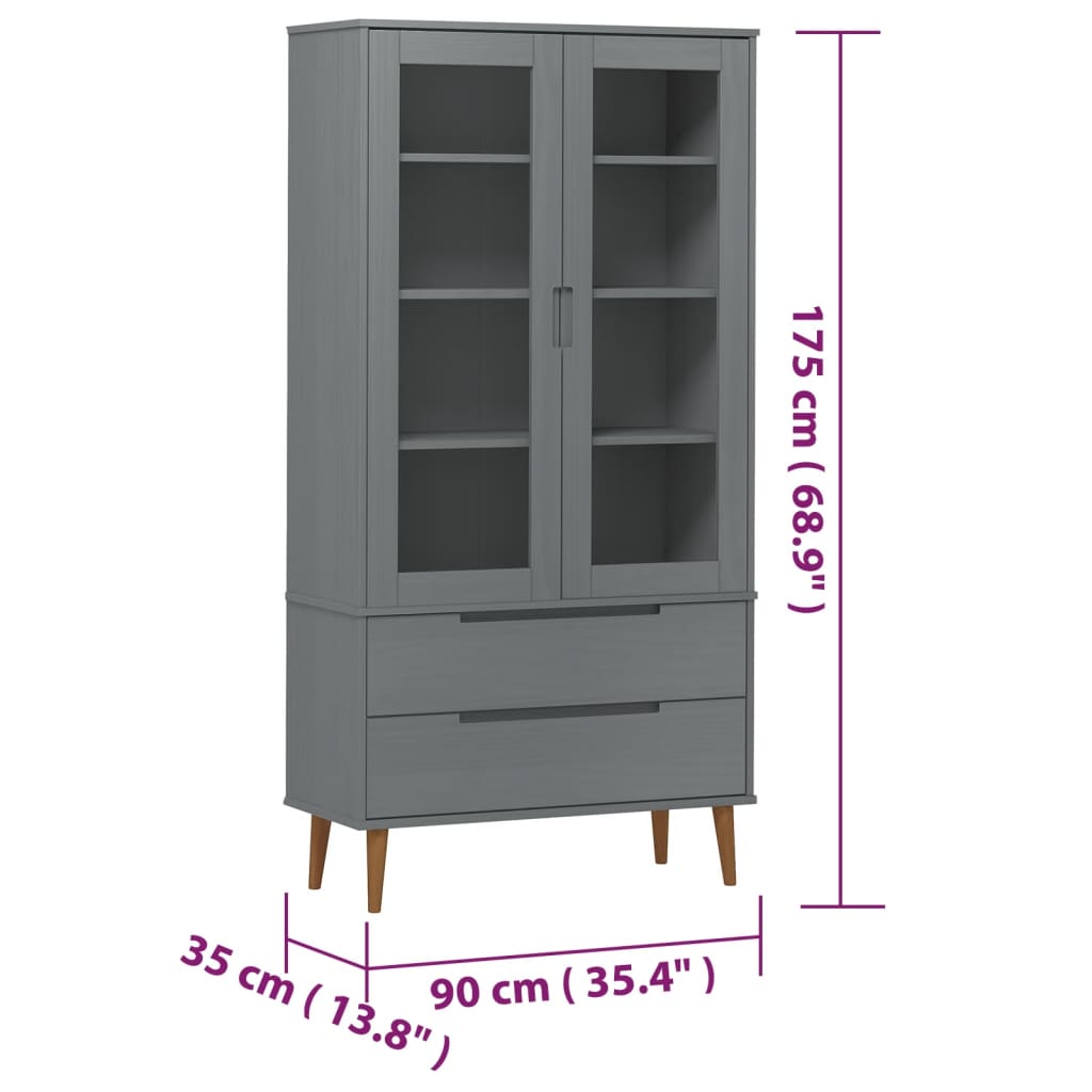 Vitrinekast MOLDE 90x35x175 cm massief grenenhout grijs