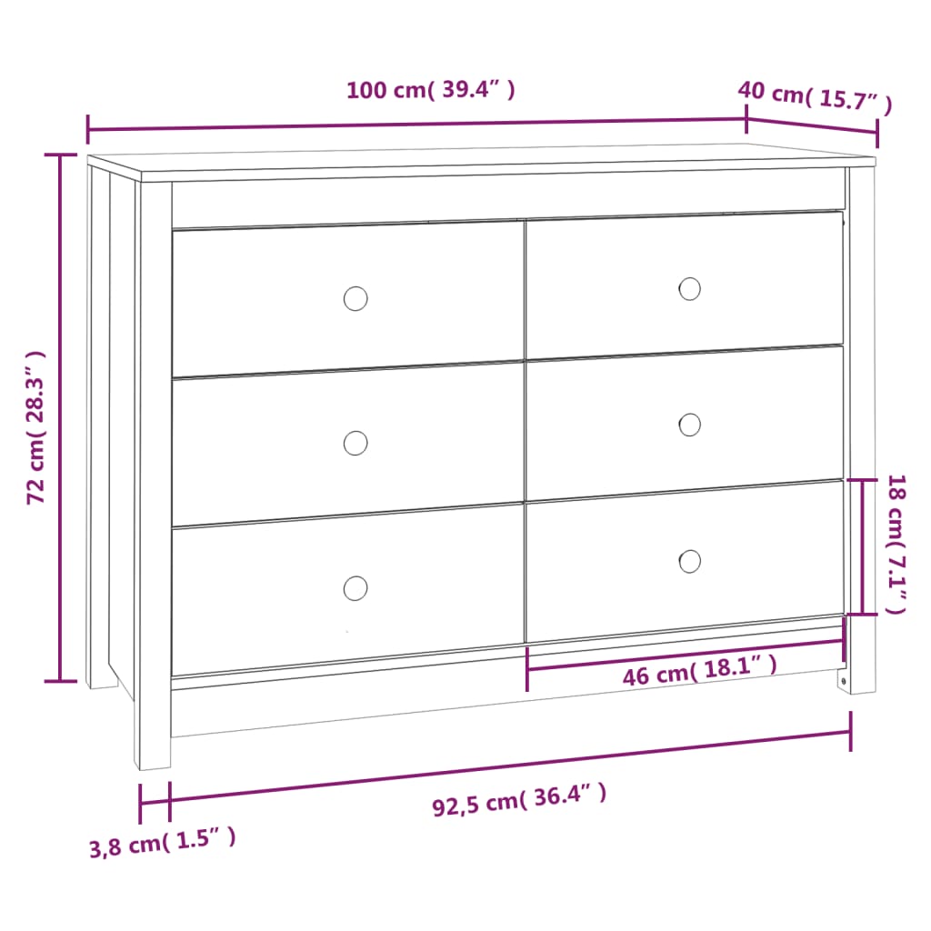 Dressoir 100x40x72 cm massief grenenhout wit