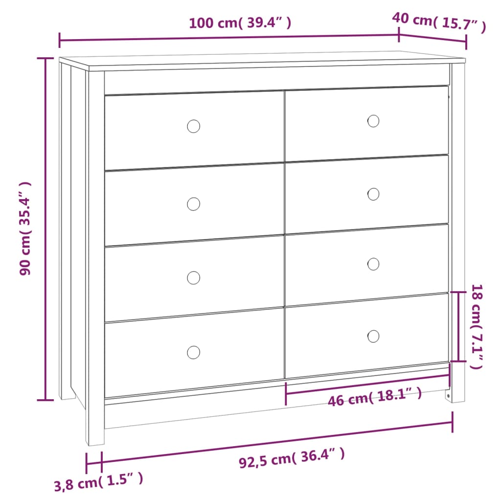 Dressoir 100x40x90 cm massief groenhout wit