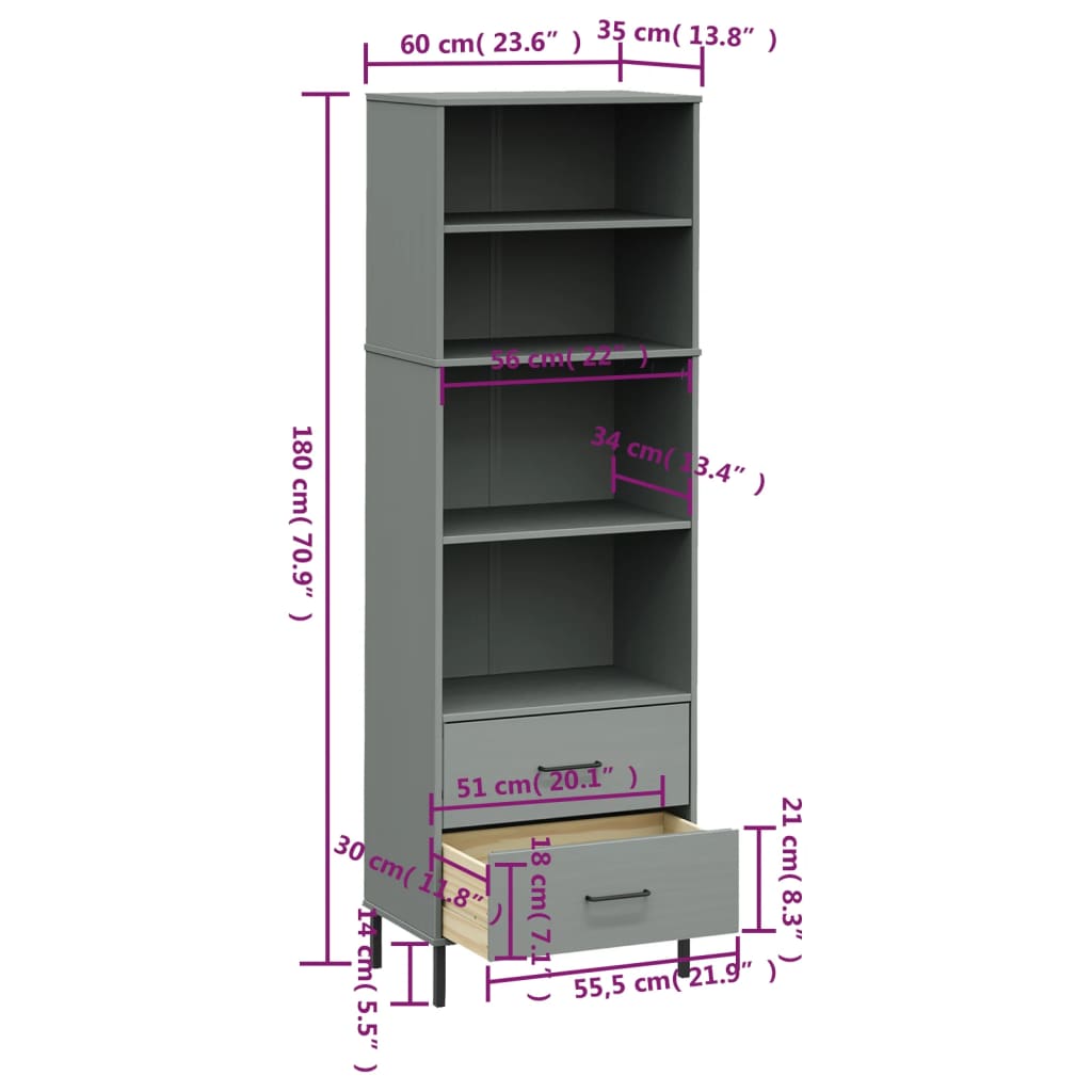 Boekenkast met 2 lades OSLO 60x35x180 cm massief hout grijs