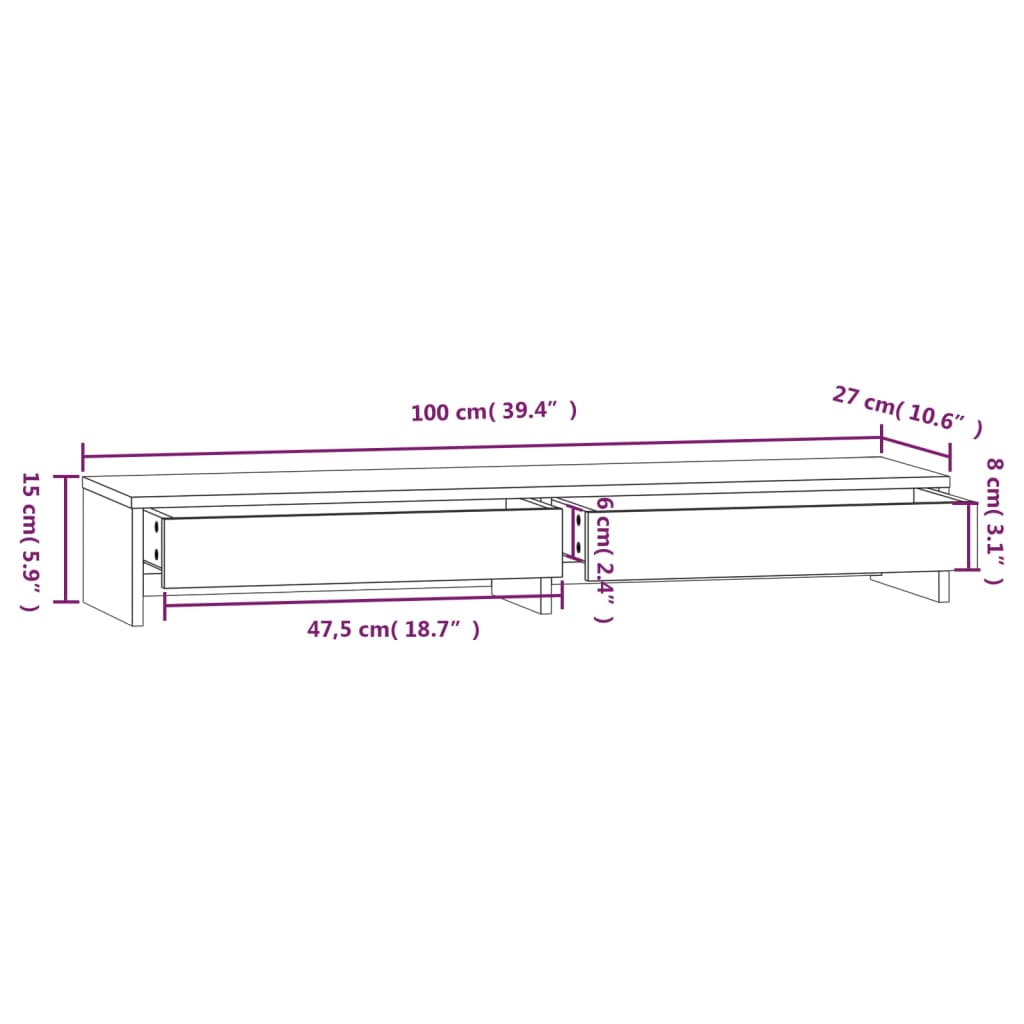 Monitorstandaard 100x27x15 cm massief grenenhout